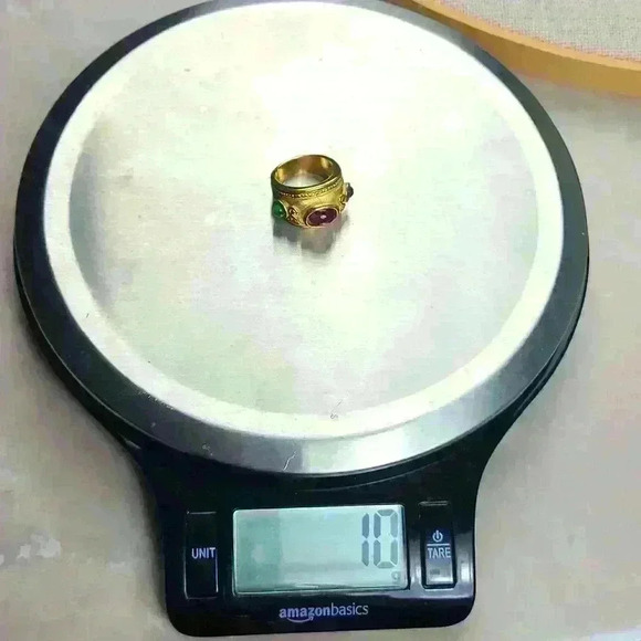 Gold plated ring  with blue red green glass stones size 6 - Picture 11 of 17